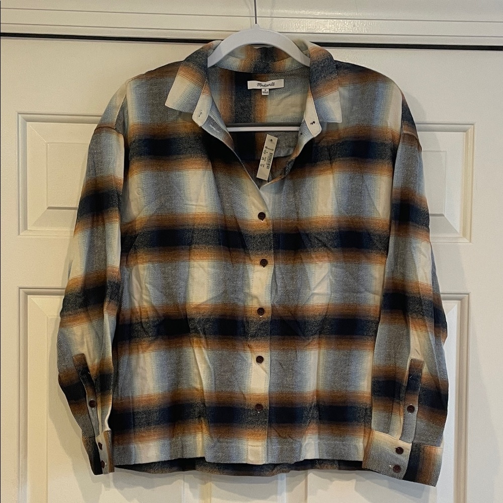 Madewell Plaid Button-Front Shirt Jacket in Blue, Brown & Cream